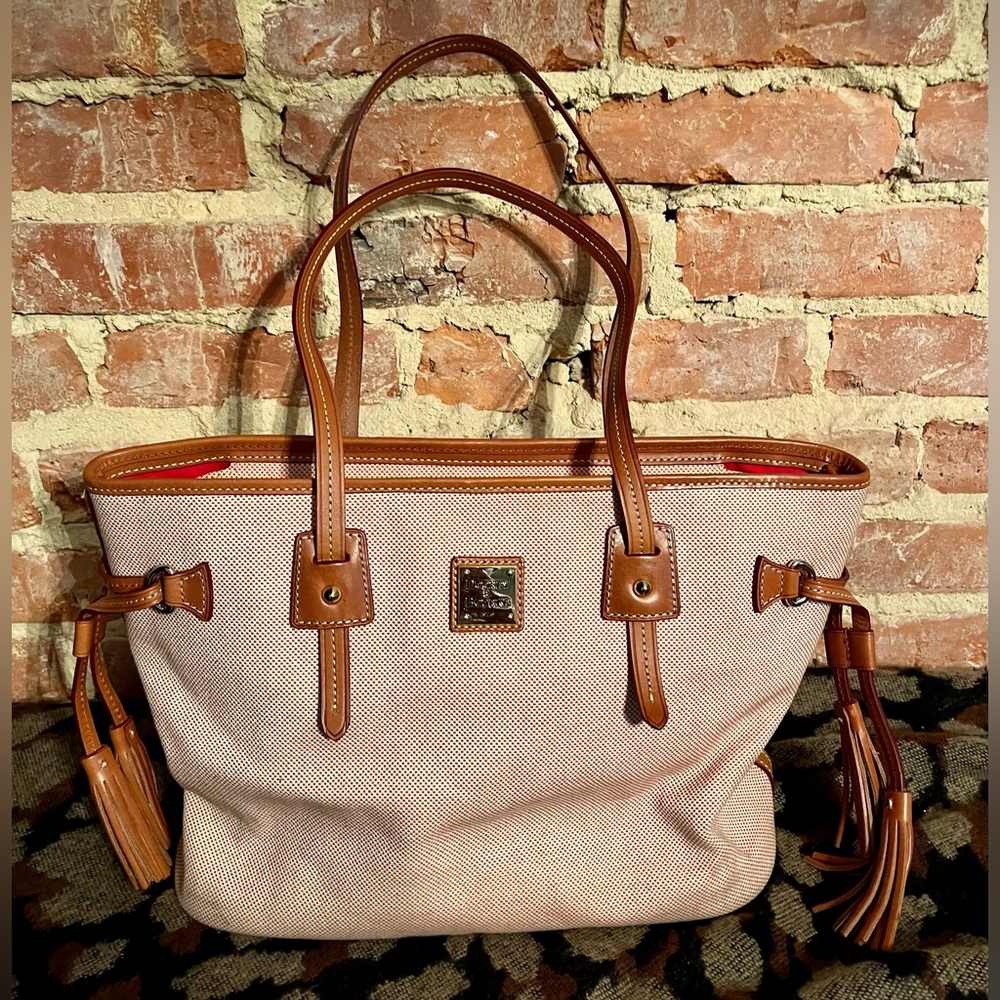 Dooney & Bourke Large Canvas Tote with Leather Tassels Tan Brown Reddish White